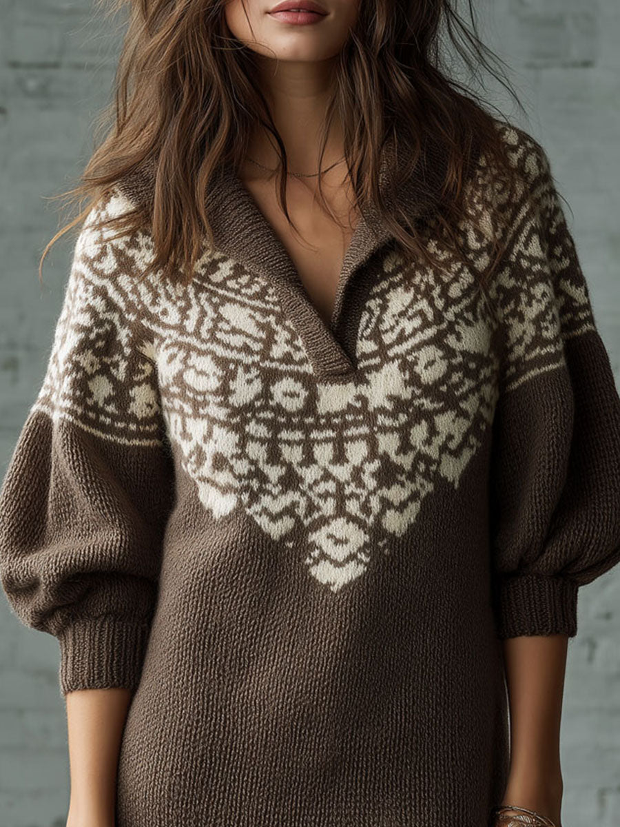 Nordic Charm In Cocoa & Cream Fair Isle Knit Sweater Dress With Half Sleeve