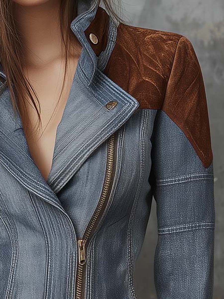 Two-Tone Cotton Denim Moto Jacket With Eco-Suede Shoulder Panels