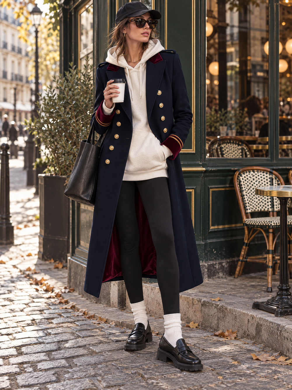 Women's Navy Military Double-Breasted Coat with Burgundy Velvet Collar
