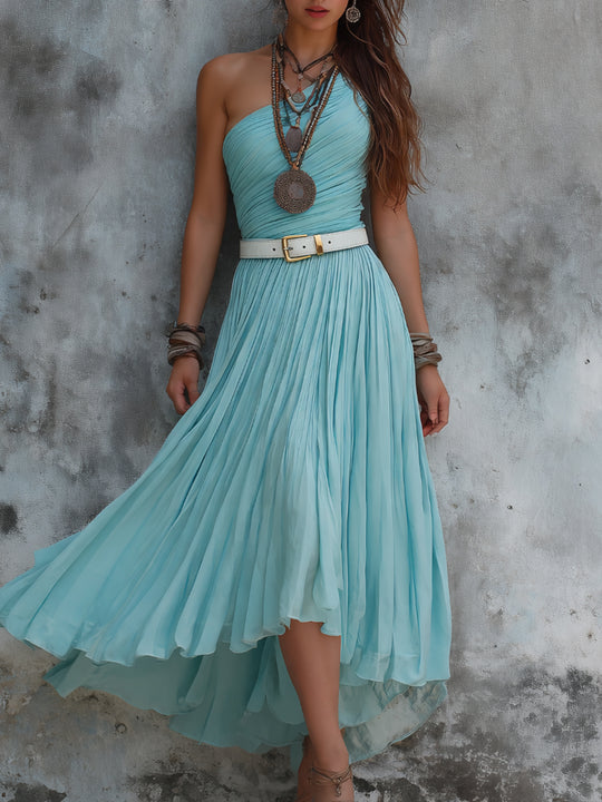 One-shoulder Pleated Chiffon Midi Dress With Belt