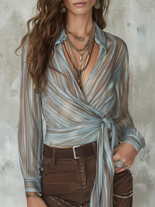 Vintage Striped Chiffon Blouse With Single Side Tie Detail