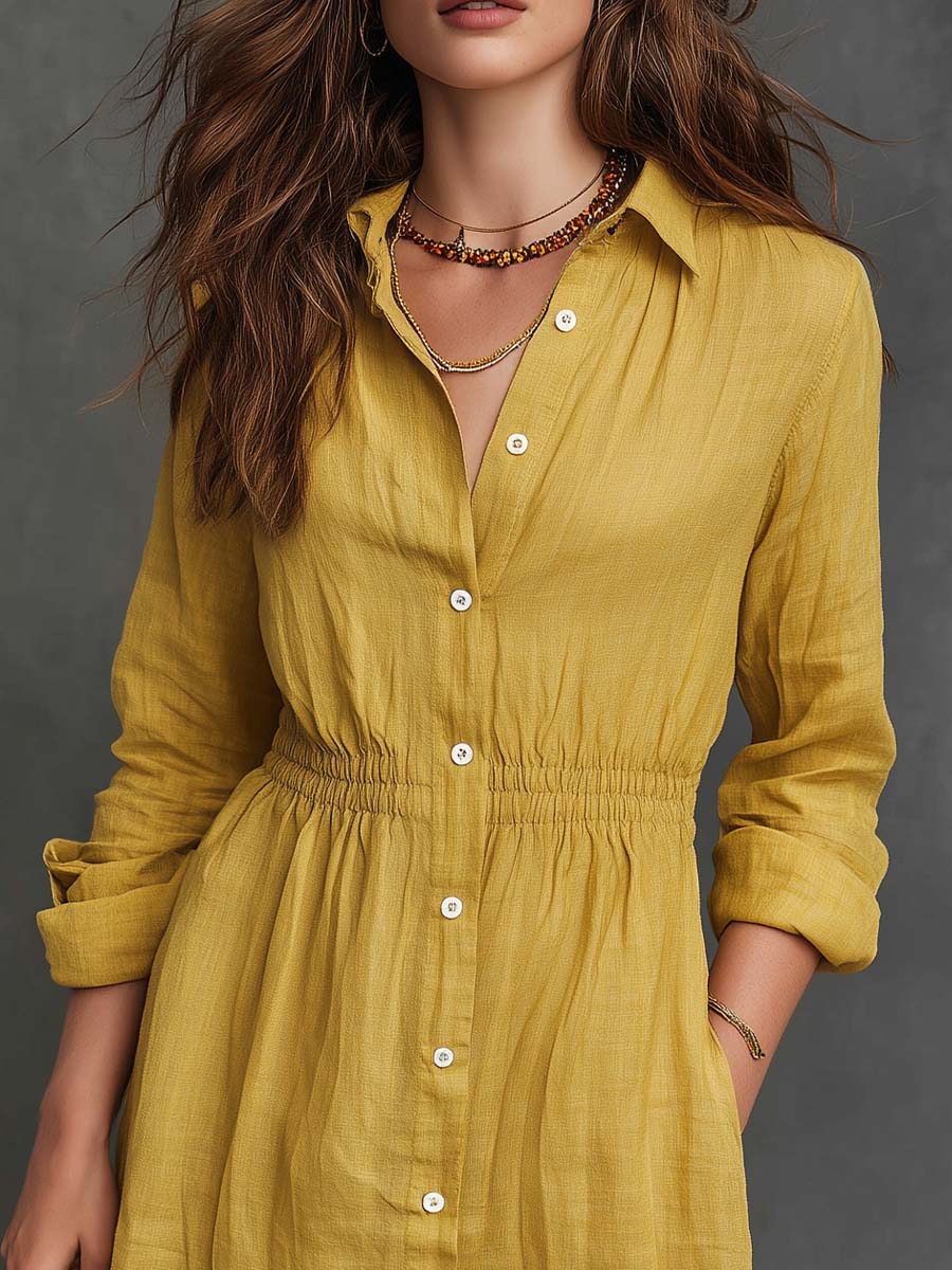 Bohemian Casual Button-Front Cotton Shirt Dress With Lace Trim