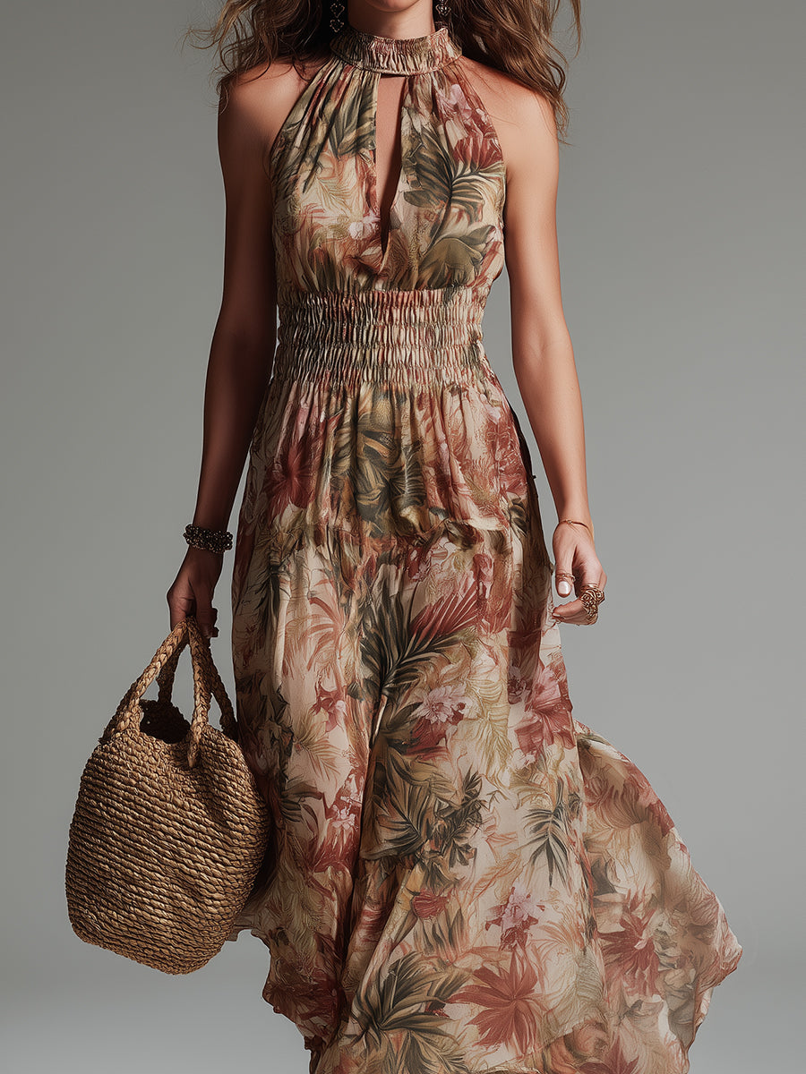 Tropical Rainforest Print Keyhole Maxi Dress