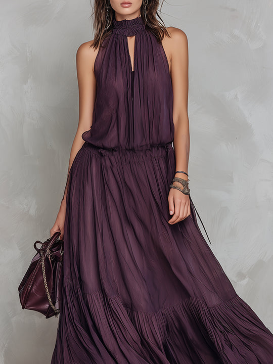 Stylish Tencel Keyhole Collar Ruffle Hem Maxi Dress