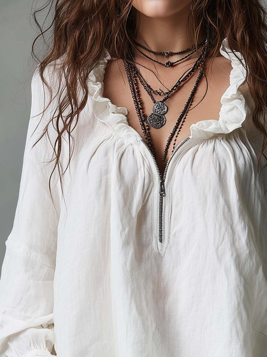 Vintage Zippered Pleated Neck Ruffle Cuffs Blouse