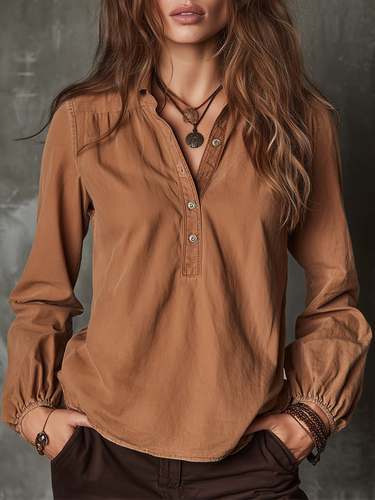 Vintage Washed Half-button Lantern Sleeves Blouse