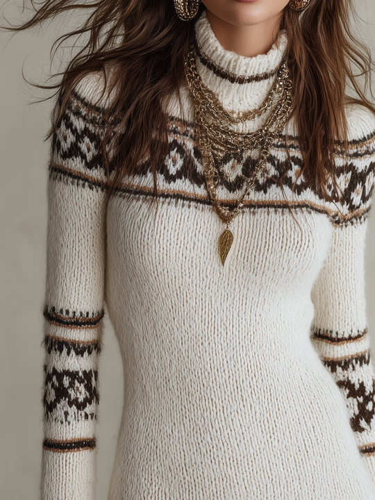 Classic Ivory Fair Isle Turtleneck Knit Mini Dress