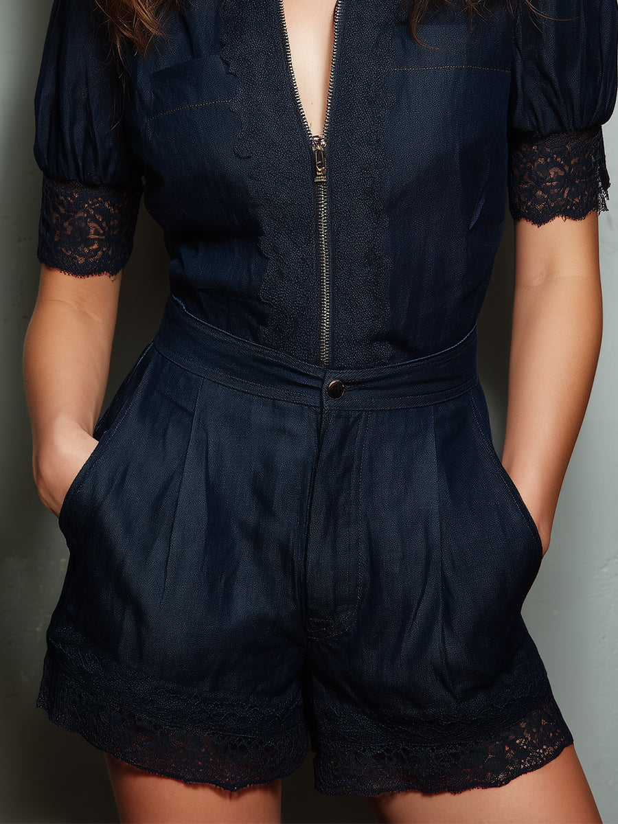 Stand Collar Front Zipper Lace Trim Blouse & Denim Shorts Set