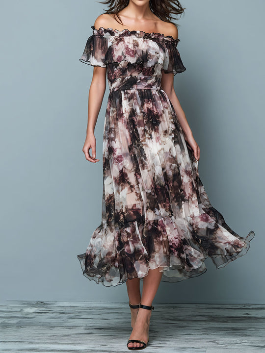 Boho Off-Shoulder Floral Chiffon Flowing Midi Dress With Ruffled Edge
