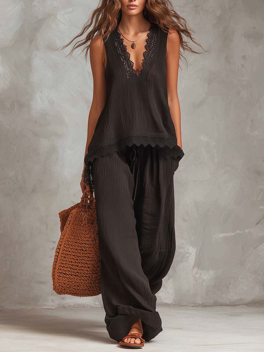 Vintage-style Textured Wide-leg Pants
