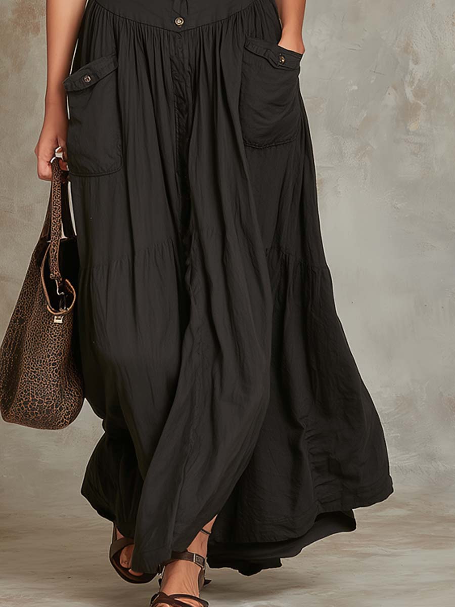 Retro Flap Pocket Cotton Linen Maxi Dress