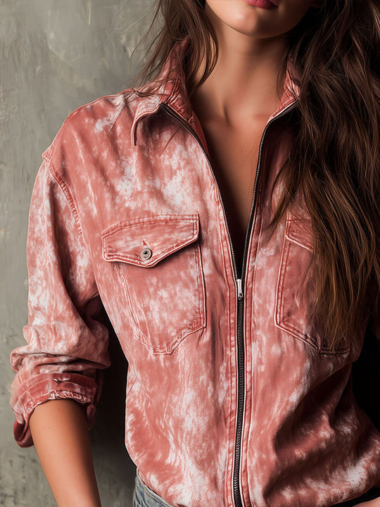 Vintage Wash Rose Tie-Dye Denim Zip Shirt