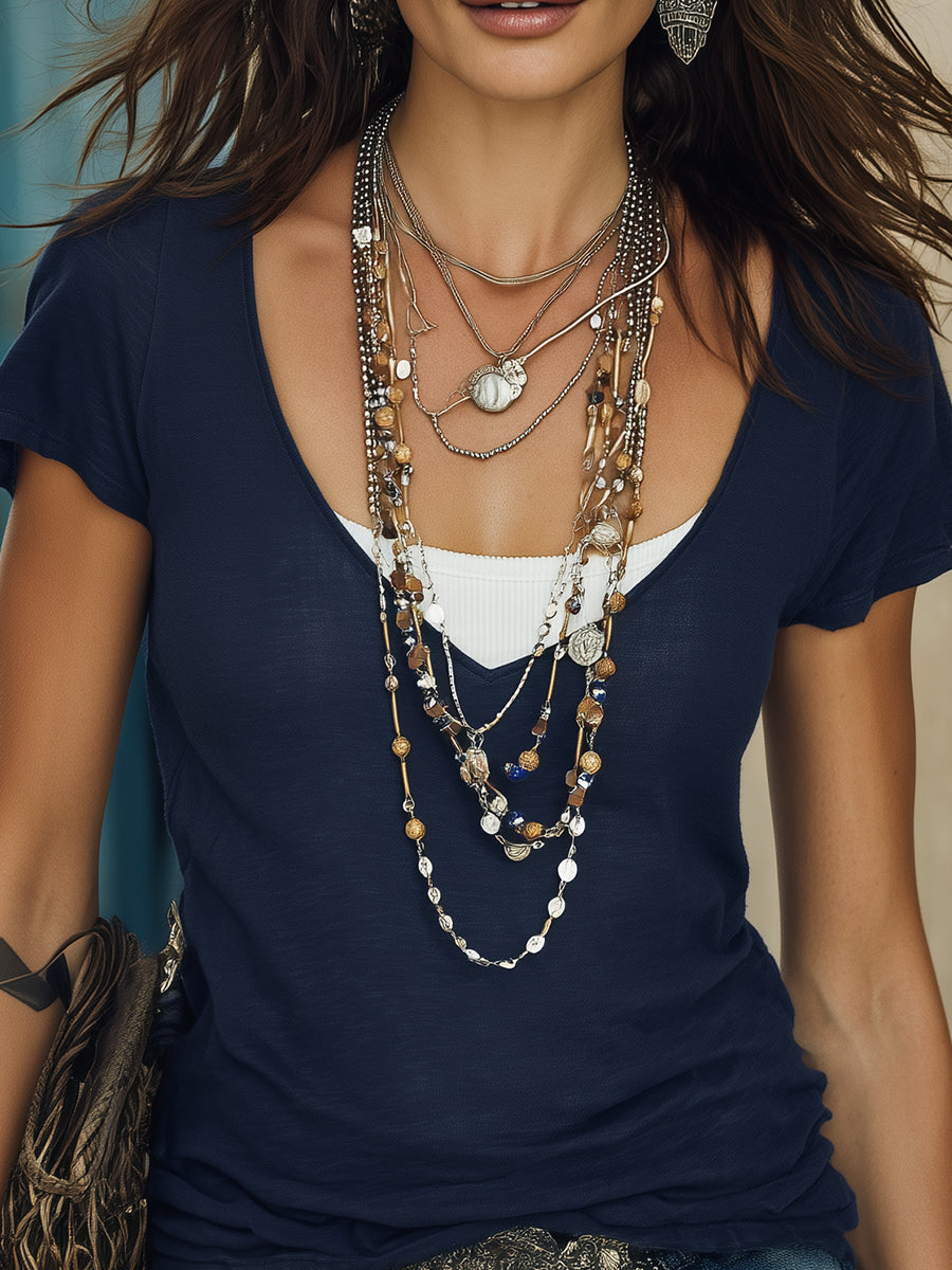 Retro-style Faux Two-piece Knitted Short-sleeved T-shirt