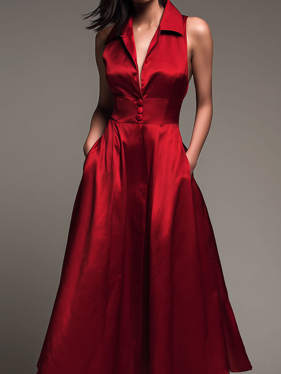 Elegant Red Satin Sleeveless Collared Fit-and-Flare Midi Dress