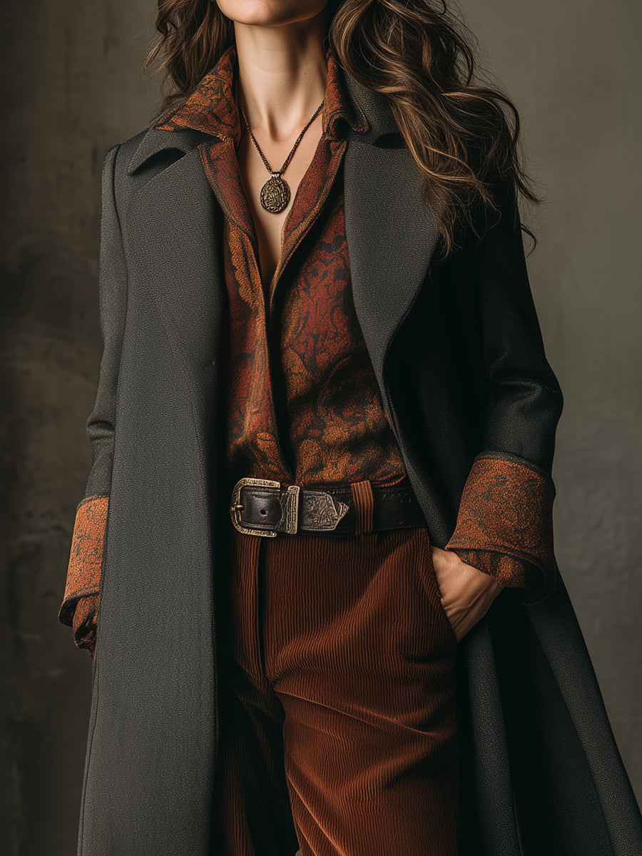 Retro Wool Patchwork Mid-length Lapel Coat