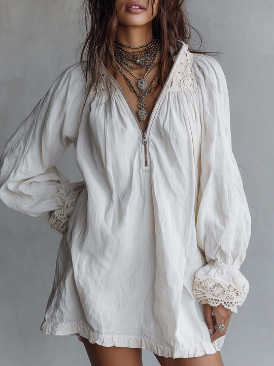 Vintage-style Zip-up Collar Lace-trimmed White Mini Dress