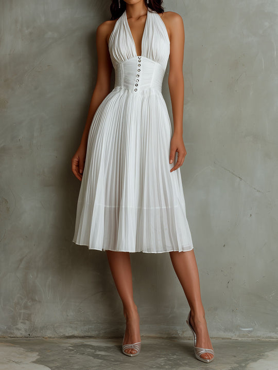 Elegant White Corset Waist Halter Pleated Midi Dress
