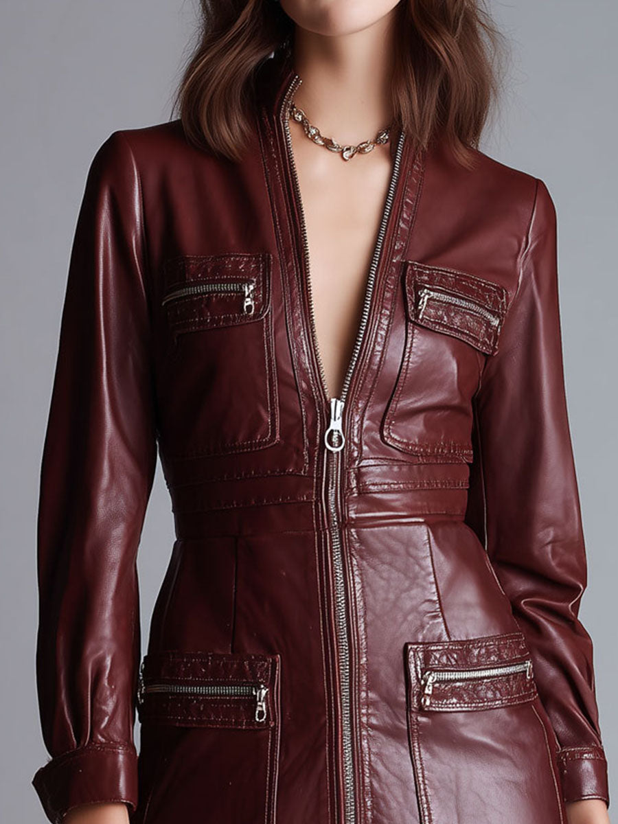 Chic Burgundy Eco Leather Zip-Front Utility Mini Dress