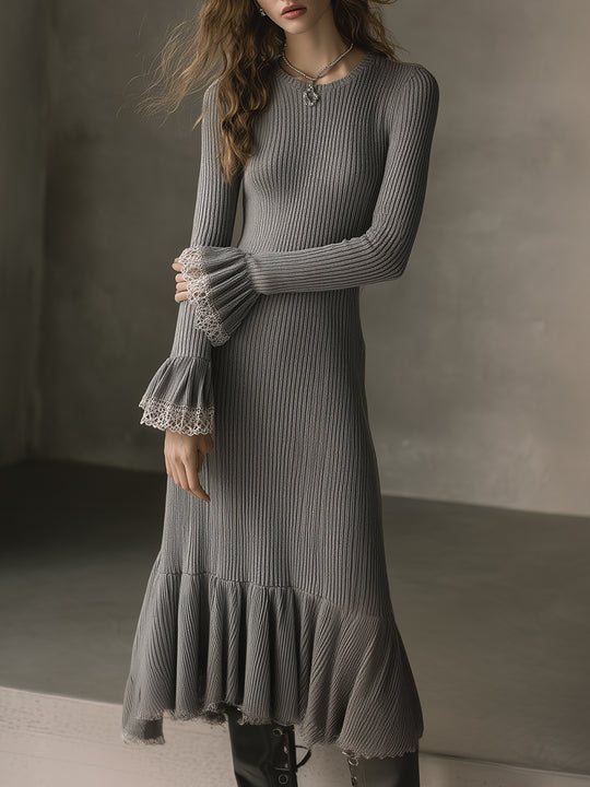 Retro Round Neck Knitted Lace Ruffle Patchwork Midi Dress