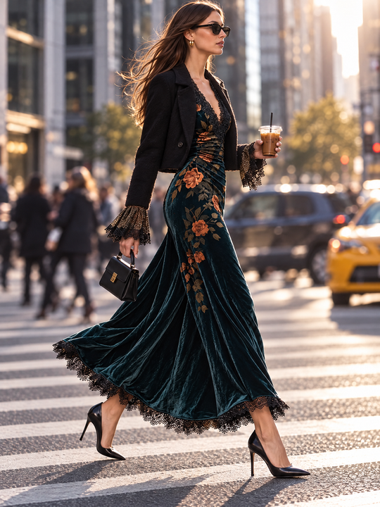 elegant Dark Teal Velvet Floral Print Ruched Waist Maxi Dress with Lace V-Neck