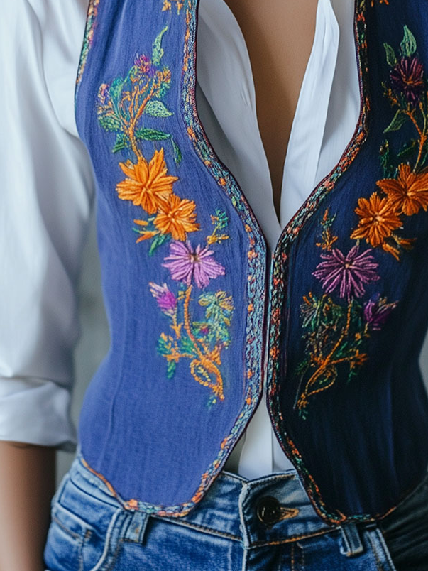 Floral Embroidery Waist-cinched Cotton and Linen Vest