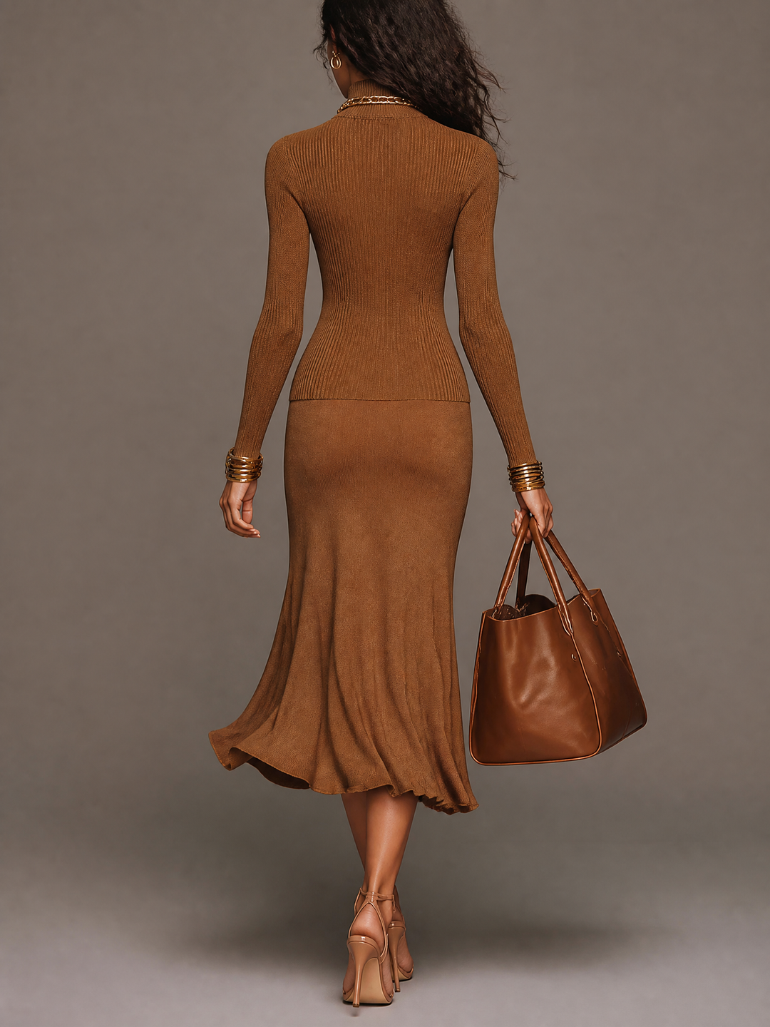 Elegant Amber Brown Turtleneck Vertical Ribbed Knit Satin Draped Knit Midi Dress
