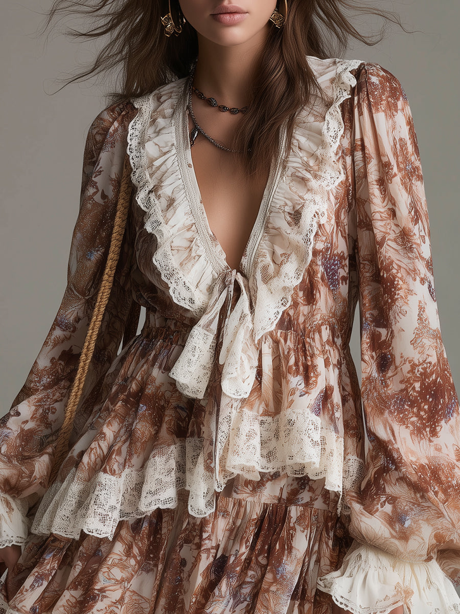 Bohemian Double-layered Ruffled Mini Dress With Lace Trim