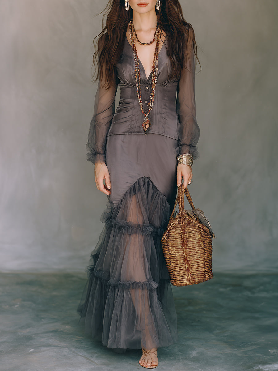 Retro Ruffled Mesh Patchwork Long Skirt