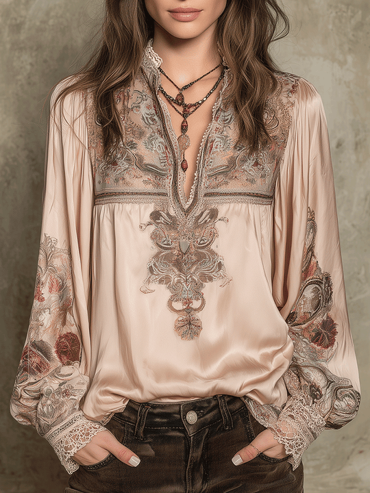 Romantic Boho Cream Printed Lace-Trim Blouse