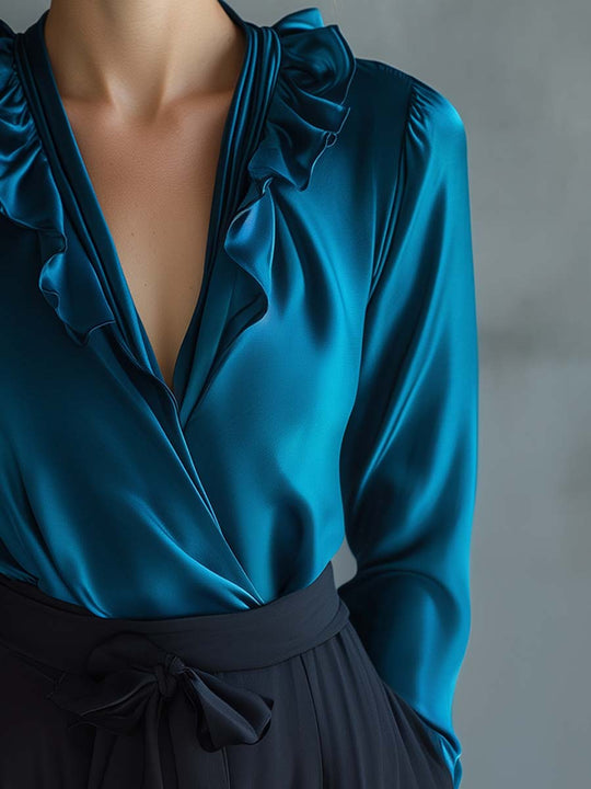 Luxe Teal Satin Ruffle Blouse