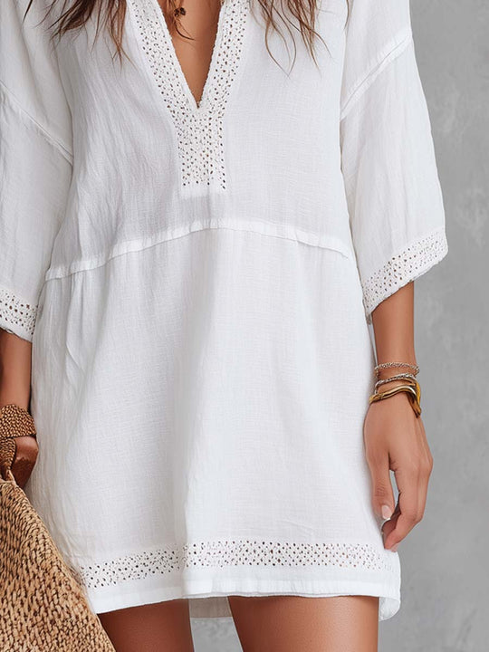 Vintage Lace Trim Draped Waistline Cotton Linen Mini Dress