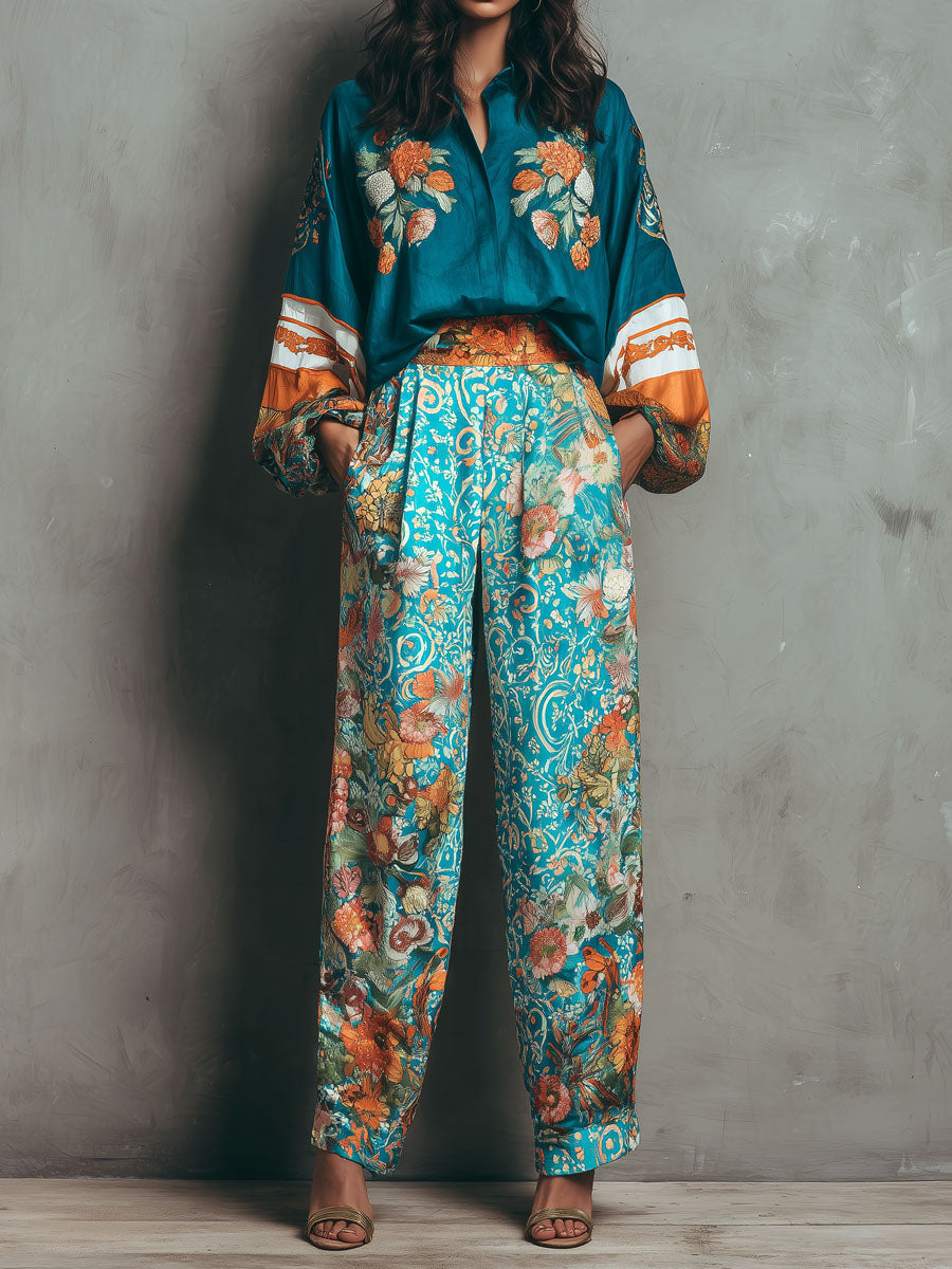 Baroque High-Waist Turquoise Botanical Print Trousers