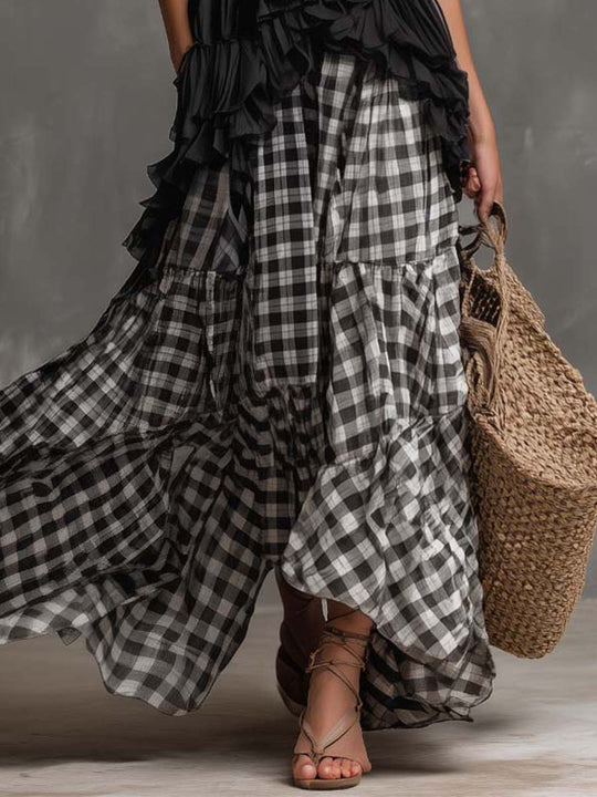 Bohemian Vacation Halter-Neck Patchwork Gingham Maxi Dress