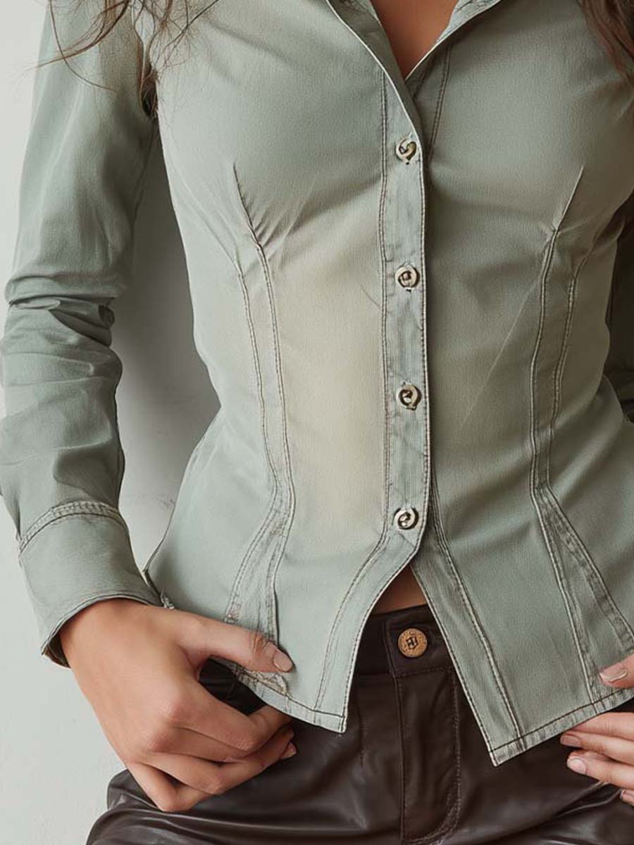 Washed Sage Cotton Denim Corset-Seam Shirt With Fitted Silhouette