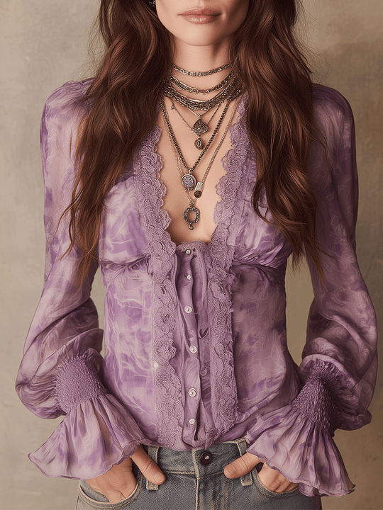 Romantic Lavender Boho Ruffle Chiffon Blouse