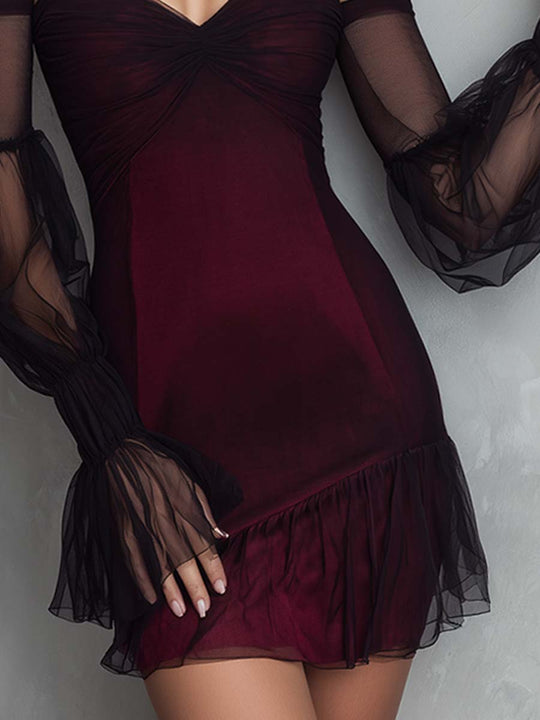 Retro Off-shoulder Mesh Ruffled Sleeve Mini Dress