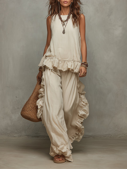 Retro Ruffled Sleeveless Top & Wide-leg Pants Set