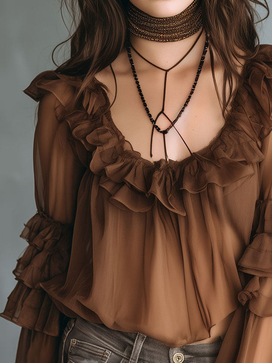 Vintage Boho Mocha Ruffle Chiffon Blouse