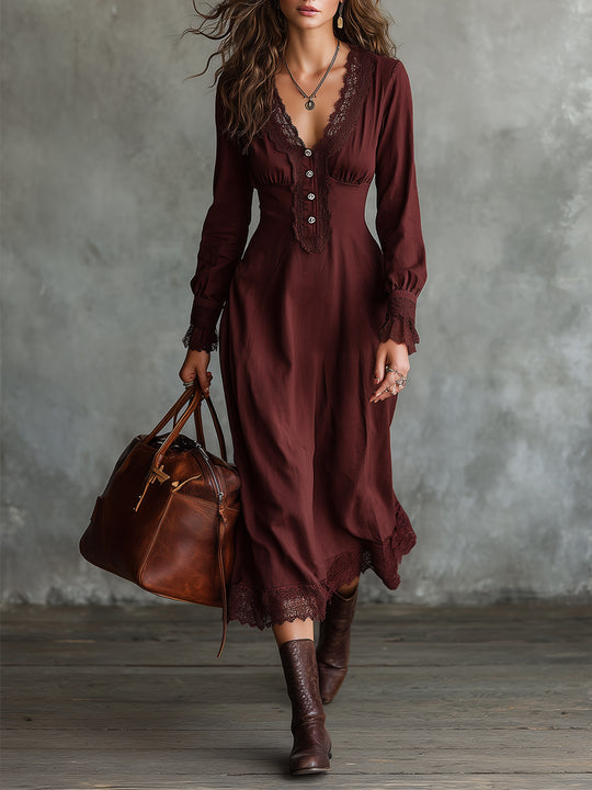 Bohemian Cotton Blend Lace Patchwork Waist Midi Dress