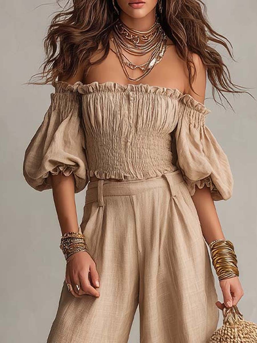 Beige Off-Shoulder Puff Sleeve Linen-Cotton Balloon Pants Two-Piece Set