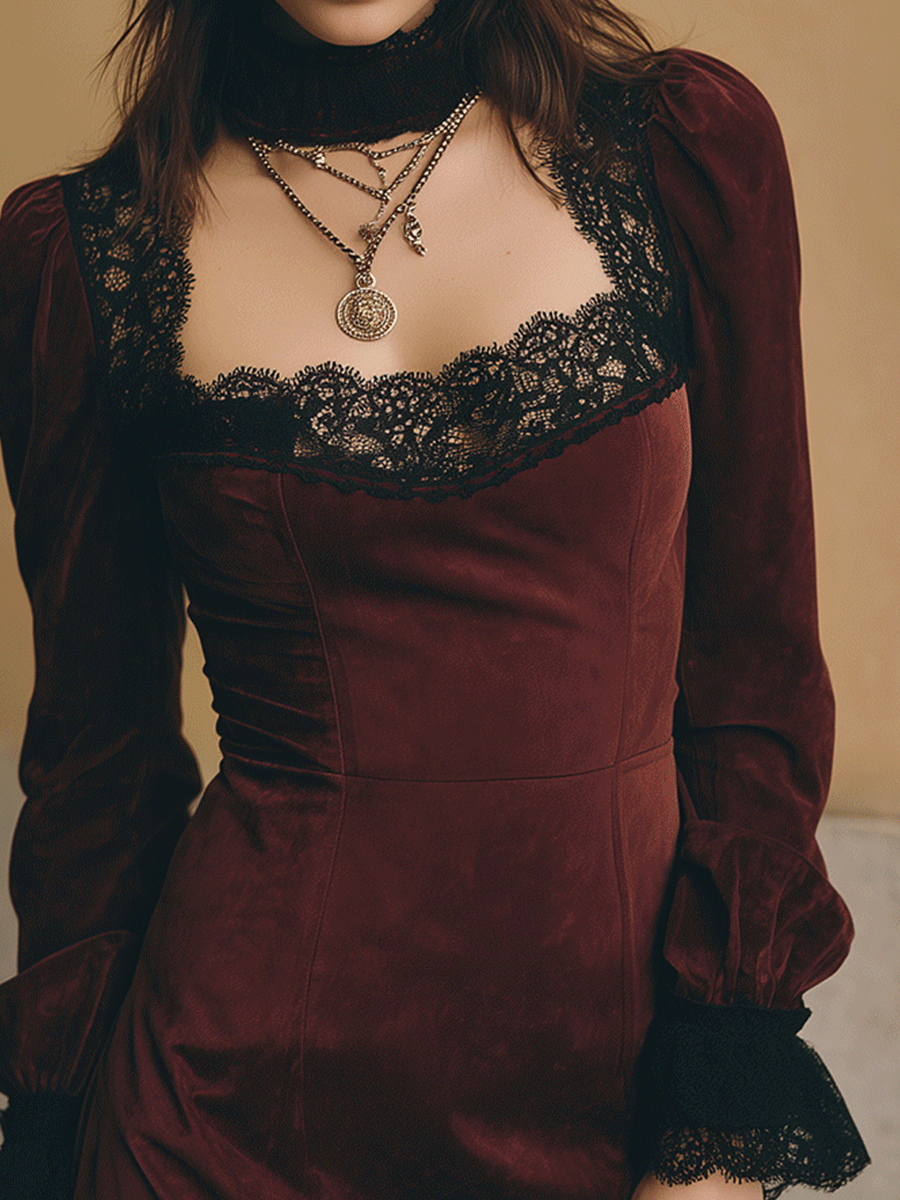 Romantic Lace Cuff Velvet Mini Dress