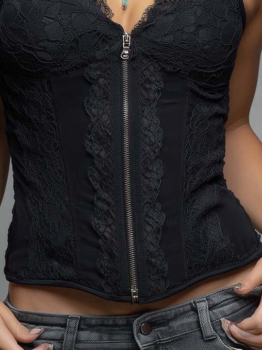 Romantic Bohemian Black Lace Zip-Front Corset Top