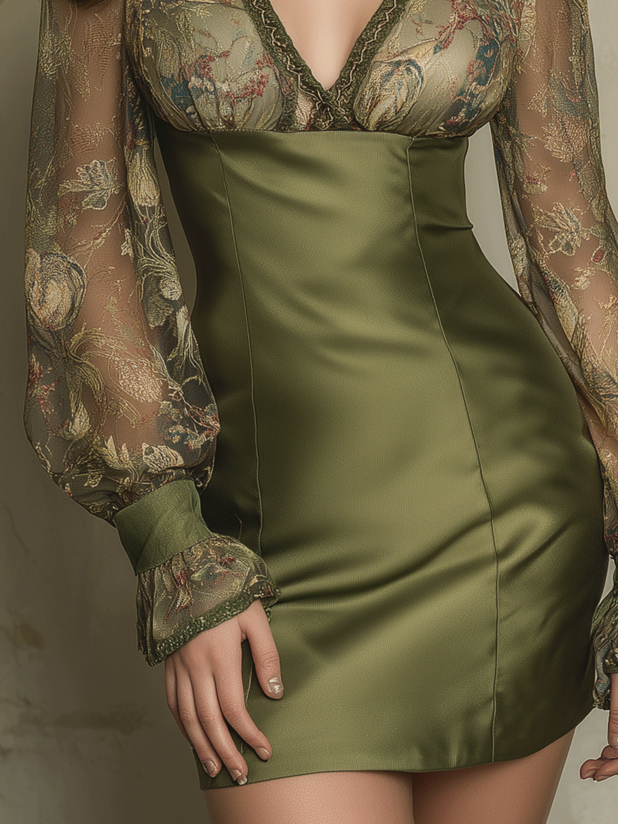 Bohemian Lace-Trim Satin Sheer Balloon Sleeves Mini Dress