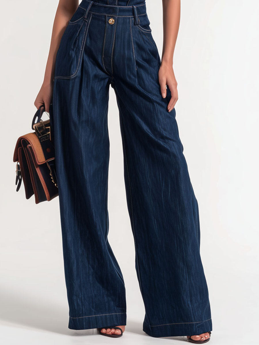 Retro Sleek Sleeveless Dark Denim Wide Leg Jumpsuit