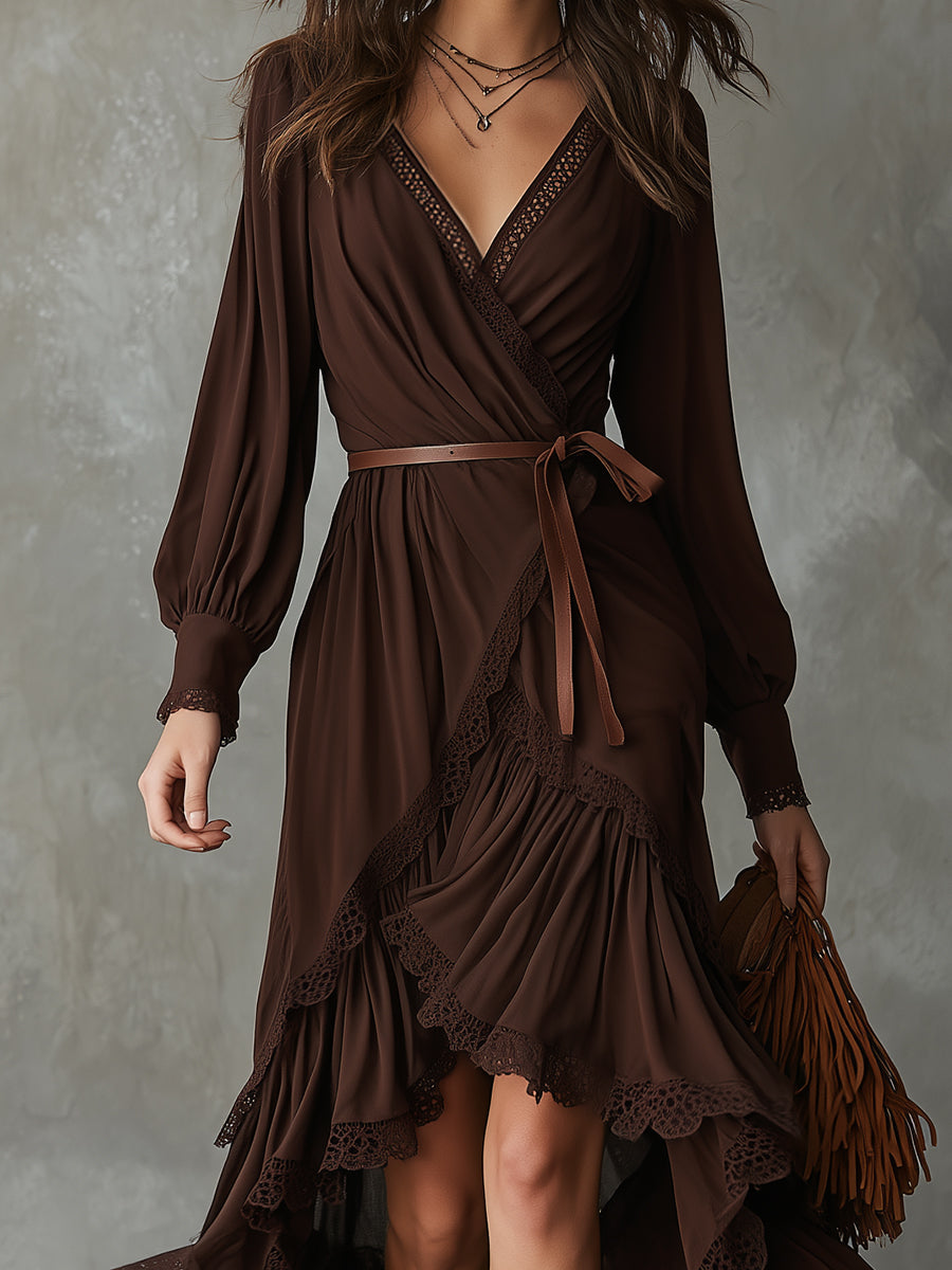 Bohemian Cotton-blend Lace Multi-layer Ruffle High-low Hem Maxi Dress