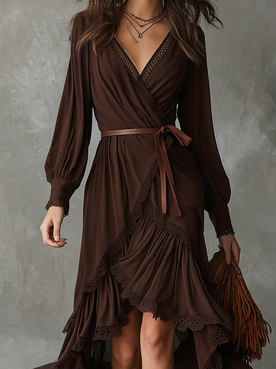 Bohemian Cotton-blend Lace Multi-layer Ruffle High-low Hem Maxi Dress