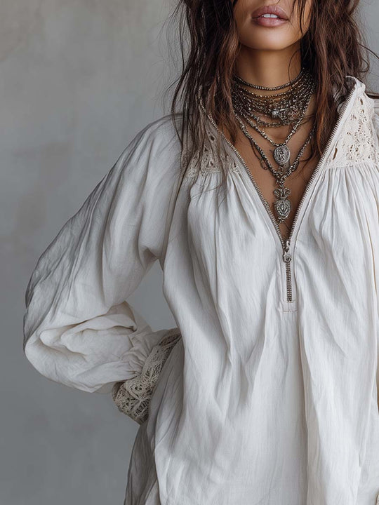 Vintage-style Zip-up Collar Lace-trimmed White Mini Dress