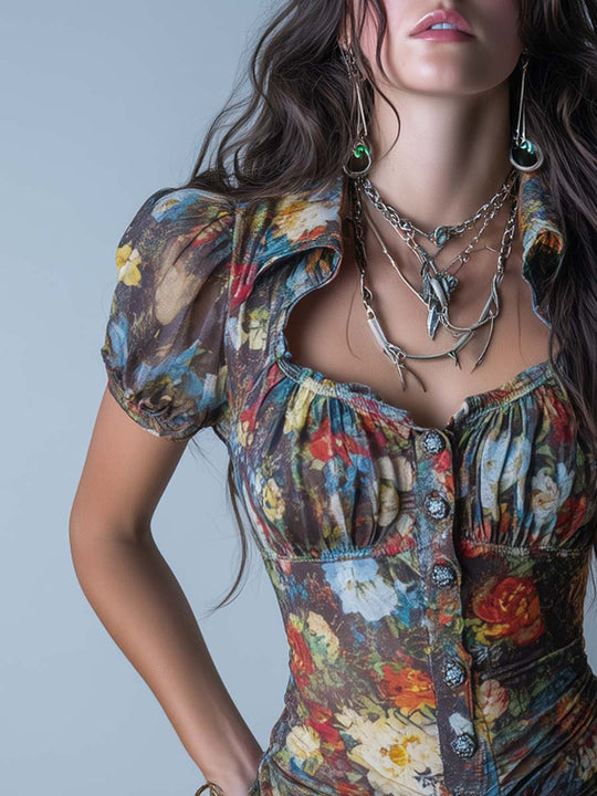 Retro Oil Painting Print Ruched Mini Dress