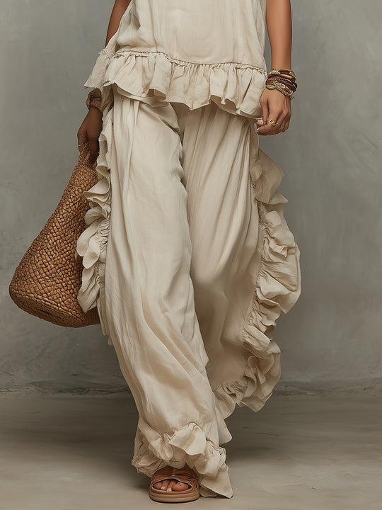 Retro Ruffled Sleeveless Top & Wide-leg Pants Set