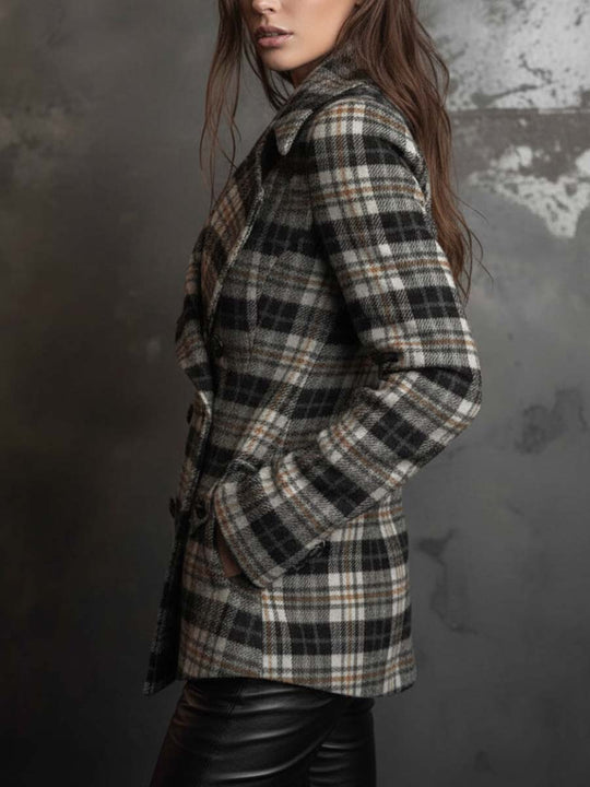 Classic Black And White Plaid Textured Double-Breasted Blazer